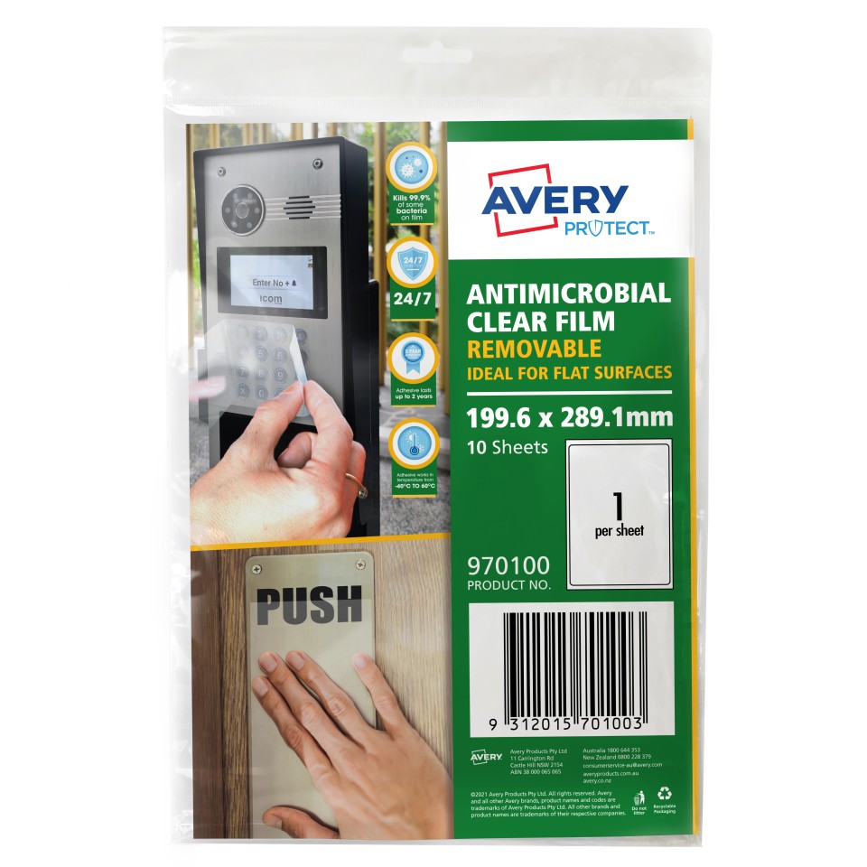 Avery Protect Anti-microbial A4 1up Removable 199.6x289.1mm Pack 10