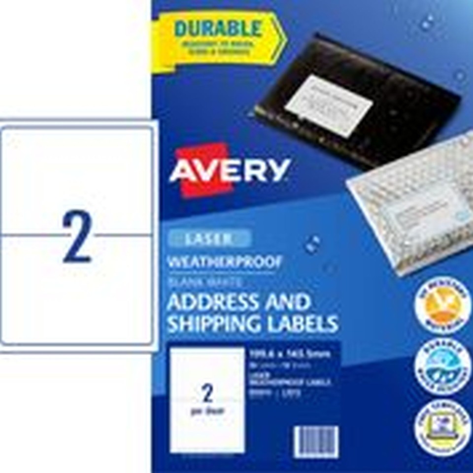 Avery Shipping Labels Weatherproof Laser Printer 959412/L7072 199.6x143.5mm White Pack 20 Labels