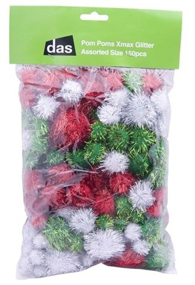 DAS Pom Poms Assorted Sizes Christmas Colours Glitter Pack 150
