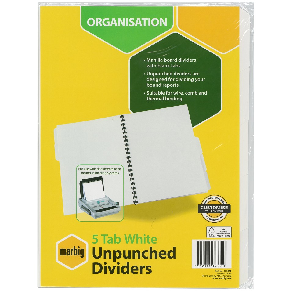 Marbig Dividers Manilla Unpunched 5 Tab A4 White
