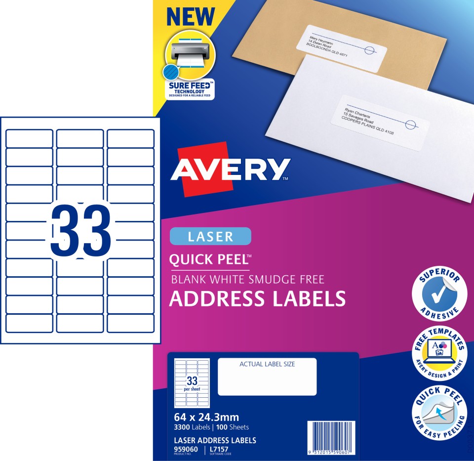 Avery Address Labels Sure Feed Laser Printer 959060/L7157 64x24.3mm 33 Per Sheet Pack 3300 Labels