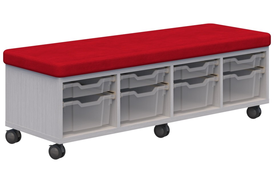 Ako Sit & Store. 470h X 1380l X 450d. Silver Strata Carcass With Ashcroft Scarlett Upholstery.