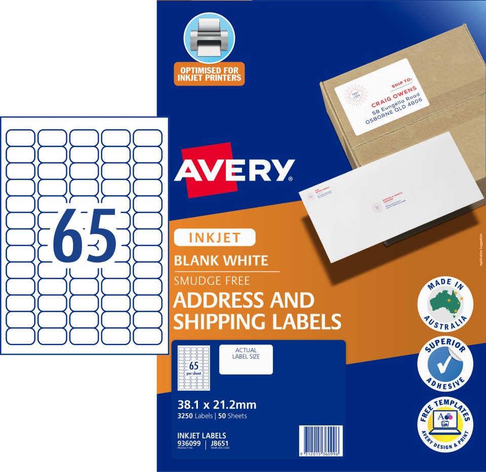Avery Address Labels Sure Feed Inkjet Printer 936049/J8651 38.1x21.2mm 65 Per Sheet Pack 3250 Labels