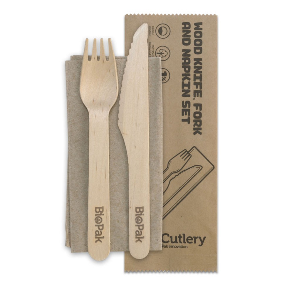 Biocutlery  FSC Certified Birchwood 16cm Knife Fork & Napkin Set Carton 400