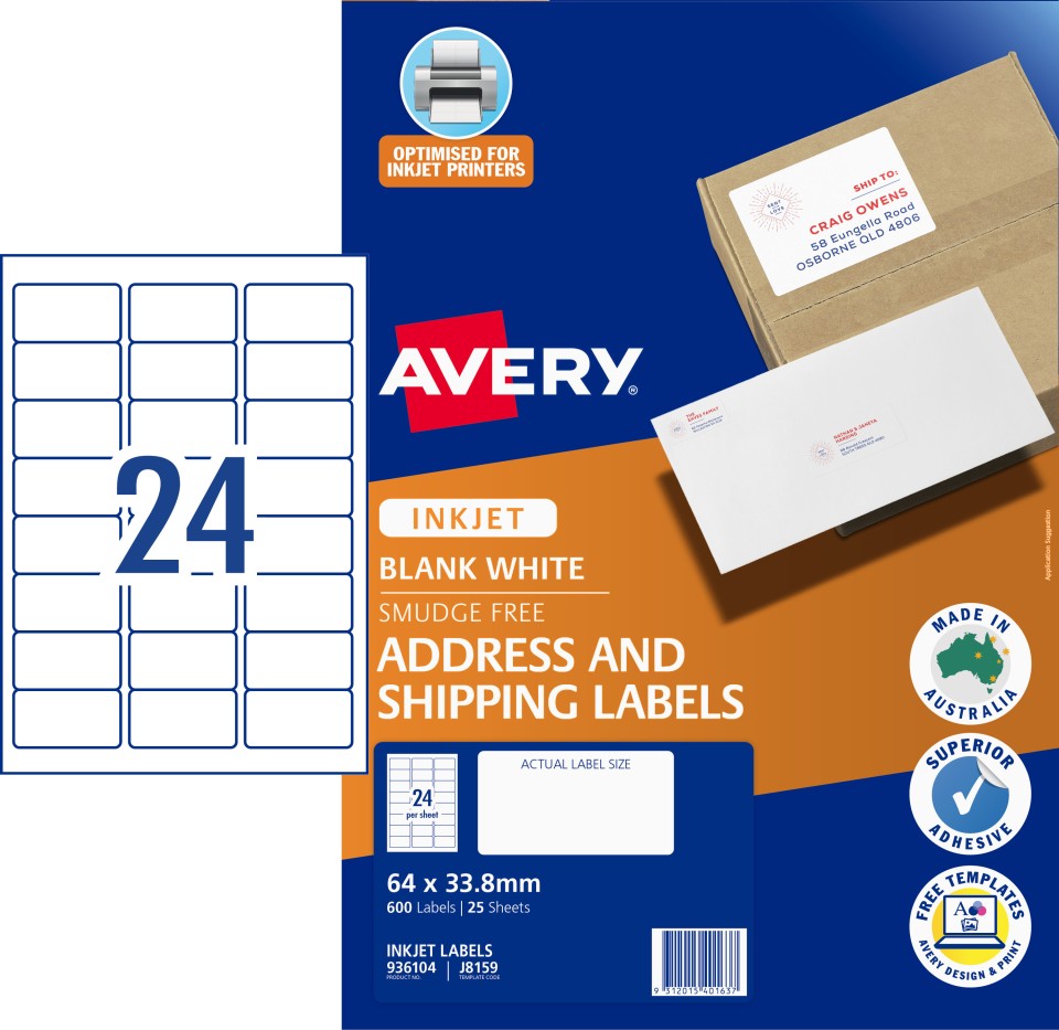Avery Address Labels Sure Feed Inkjet Printer 936054/J8159 64x33.8mm 24 Per Sheet Pack 600 Labels