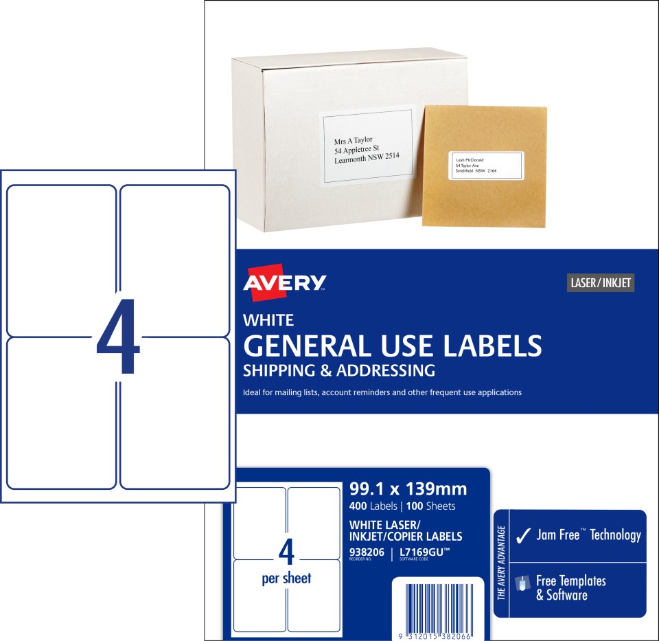 Avery General Use Labels 938206/L7169GU 99.1x139mm 4 Per Sheet White Pack 400 Labels