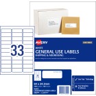 Avery General Use Labels 64x24.3mm 33 Per Sheet 3300 Labels 938200 / L7157GU image