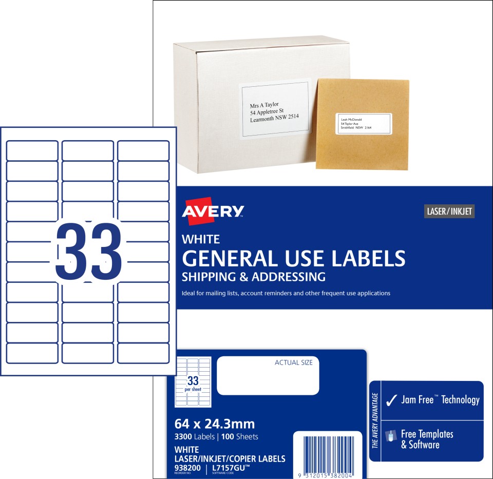 Avery General Use Labels 64x24.3mm 33 Per Sheet 3300 Labels 938200 / L7157GU