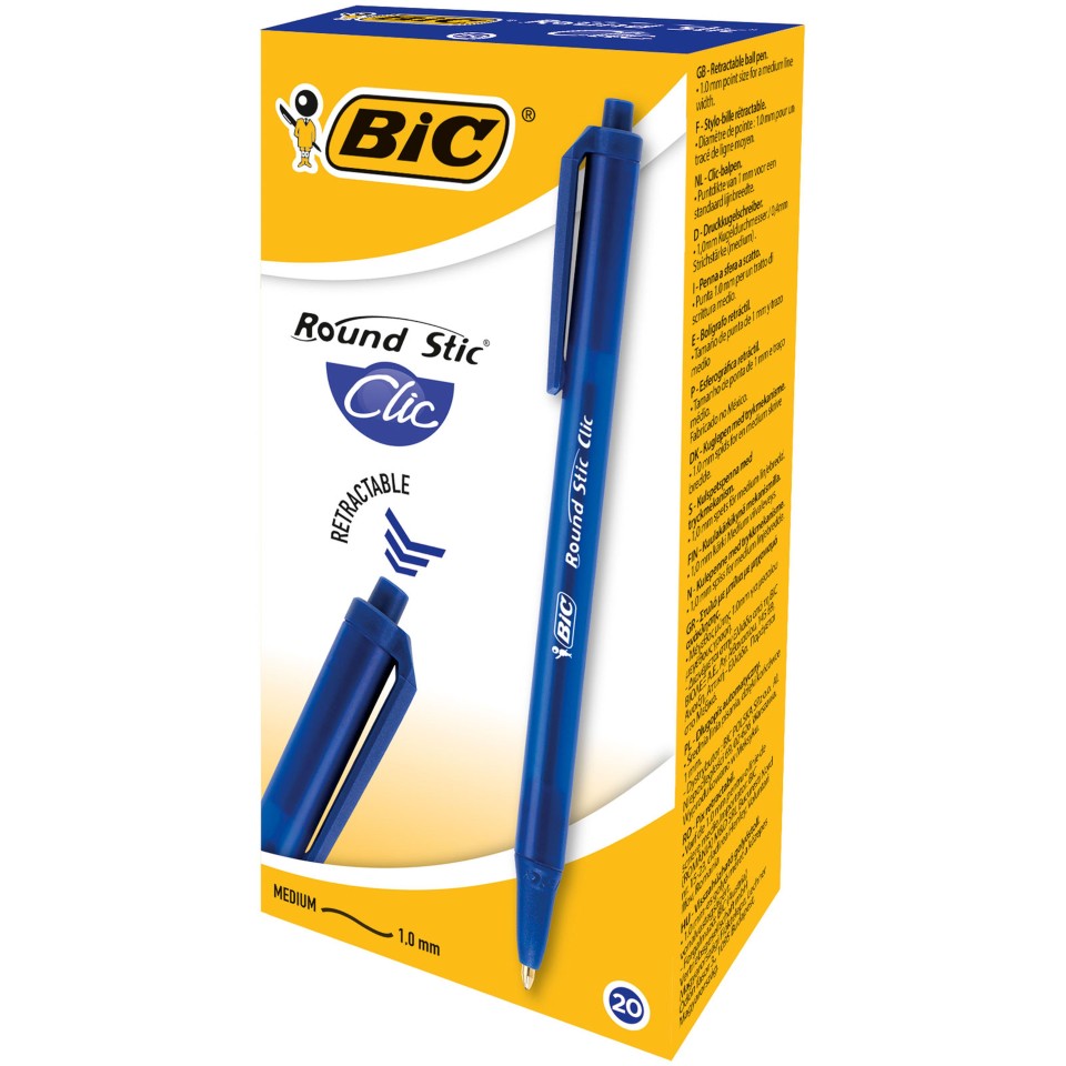 BIC Round Stic Clic Ballpoint Pen Retractable 1.0mm Blue Box 20