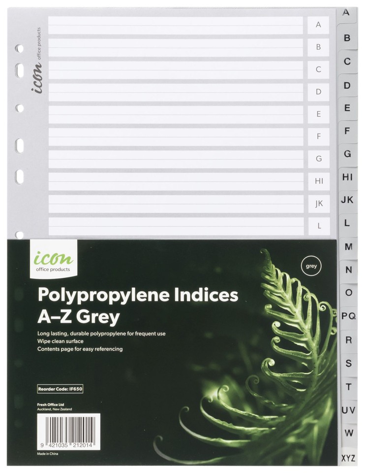 Icon Indices Polyprop A-Z A4 Grey