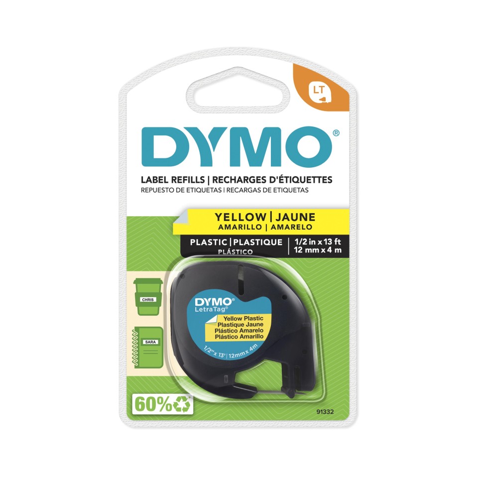 Dymo LetraTag Labelling Tape Plastic 12mmx4m Black on Yellow