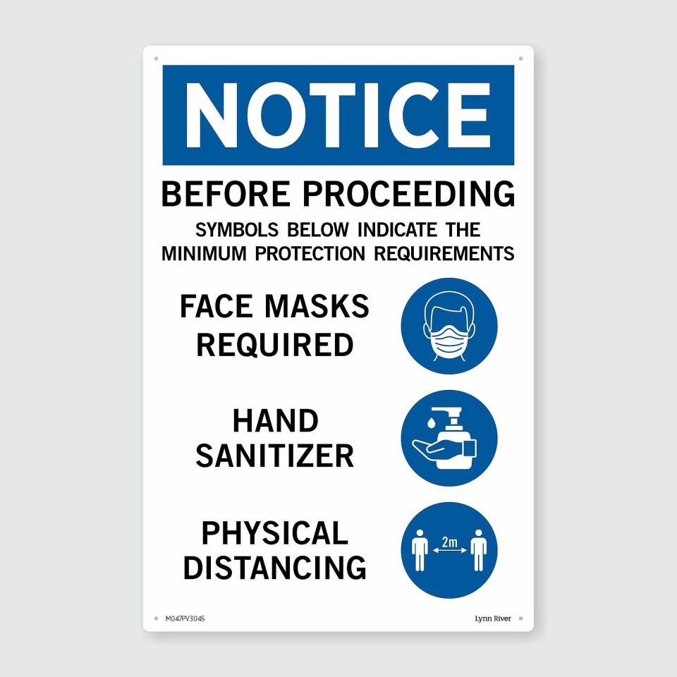 PVC Sign Face Mask Physical Distancing And Sanitizer Required 300x450mm