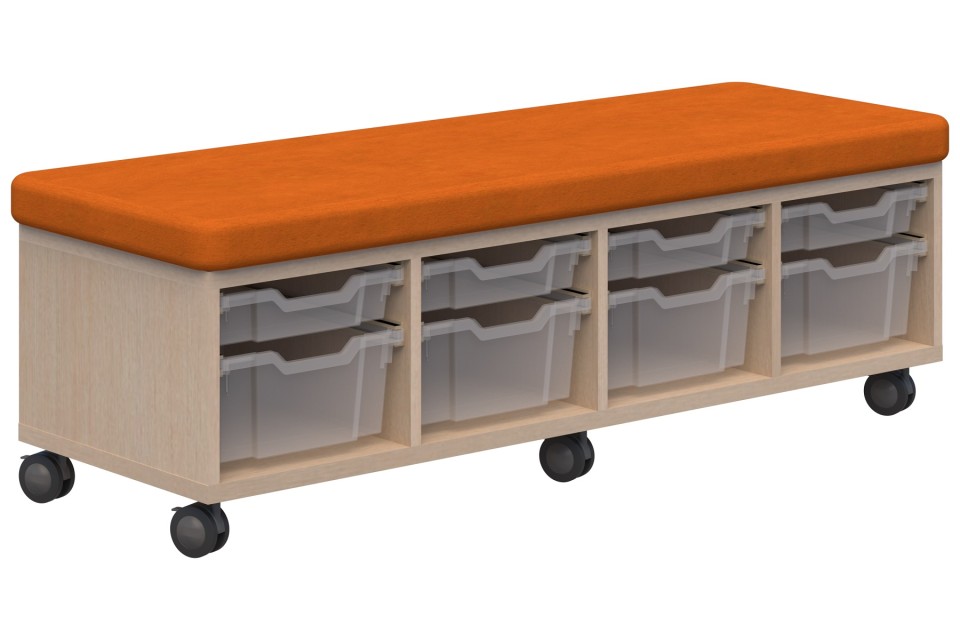 Ako Sit & Store. 470h X 1380l X 450d. Refined Oak Carcass With Ashcroft Orange Upholstery.