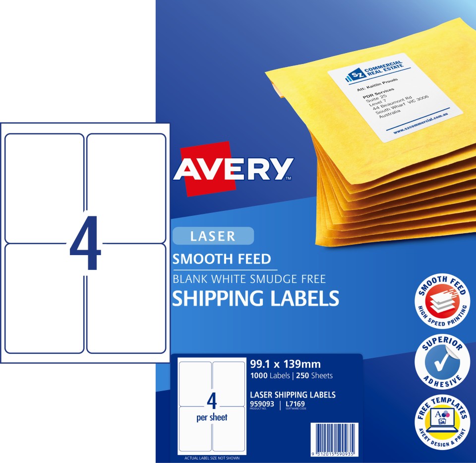 Avery Shipping Labels with Smooth Feed for Laser Printers 99.1 x 139mm 1000 Labels (959093 / L7169)