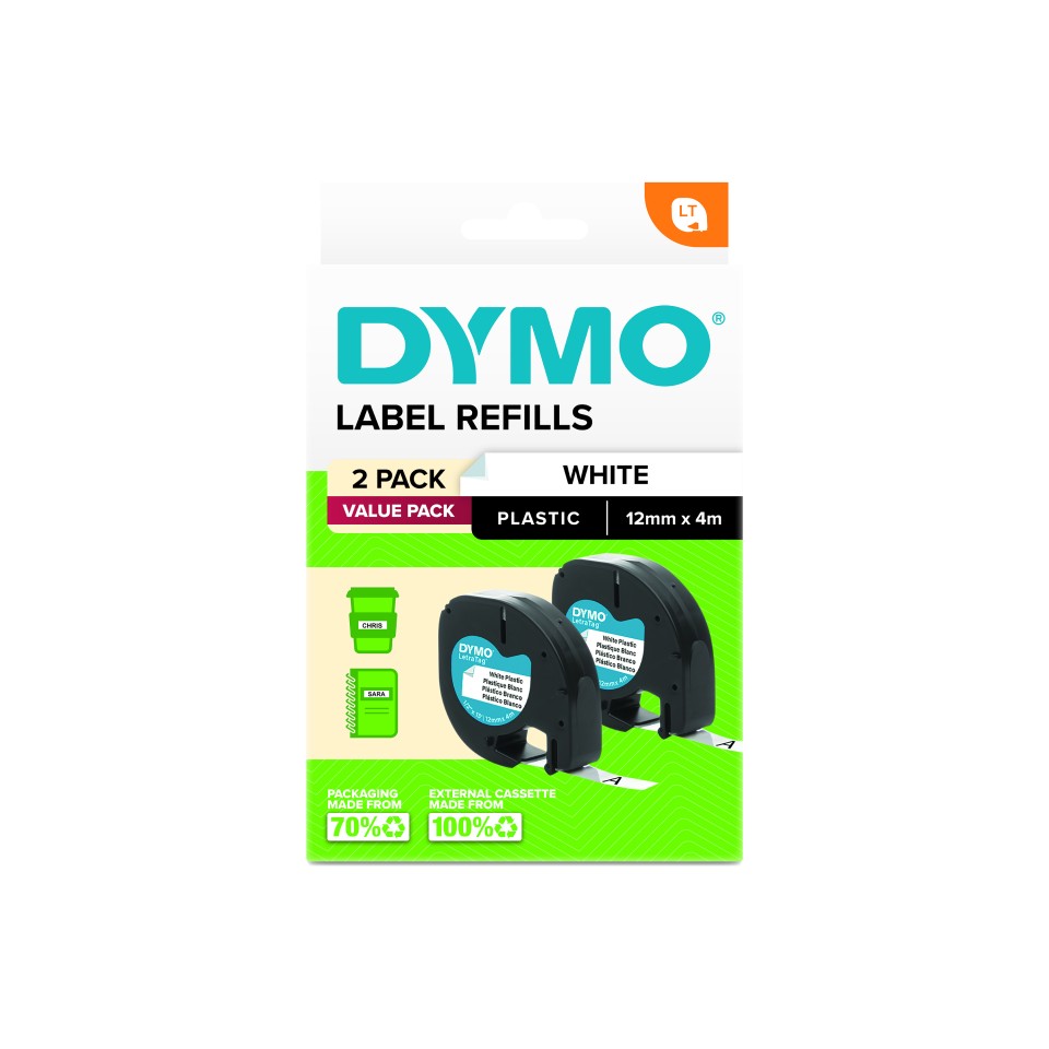 Dymo LetraTag Plastic Tape Black On White 12mmx4m Pack 2