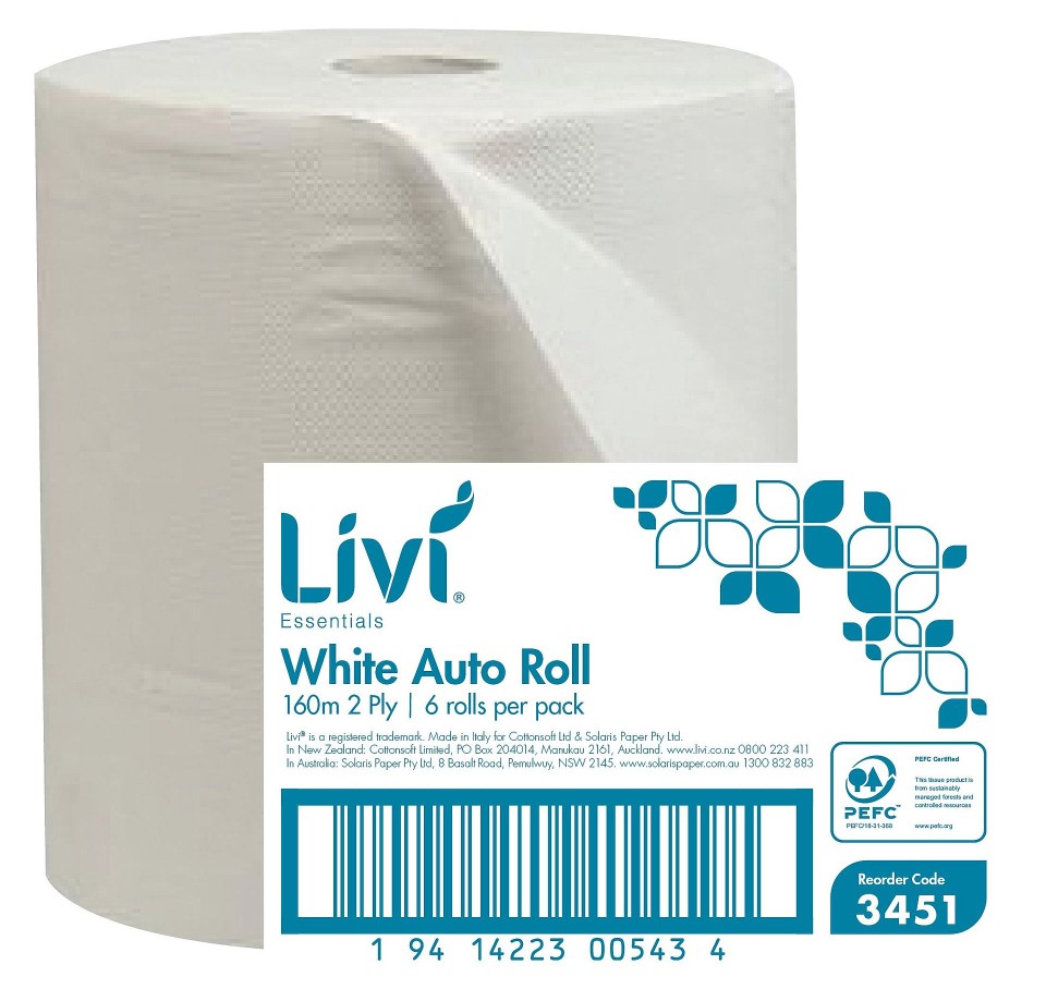 Livi Essentials 3451 Premium Easy Roll Hand Towel 2 Ply 160 metres per roll White Case of 6