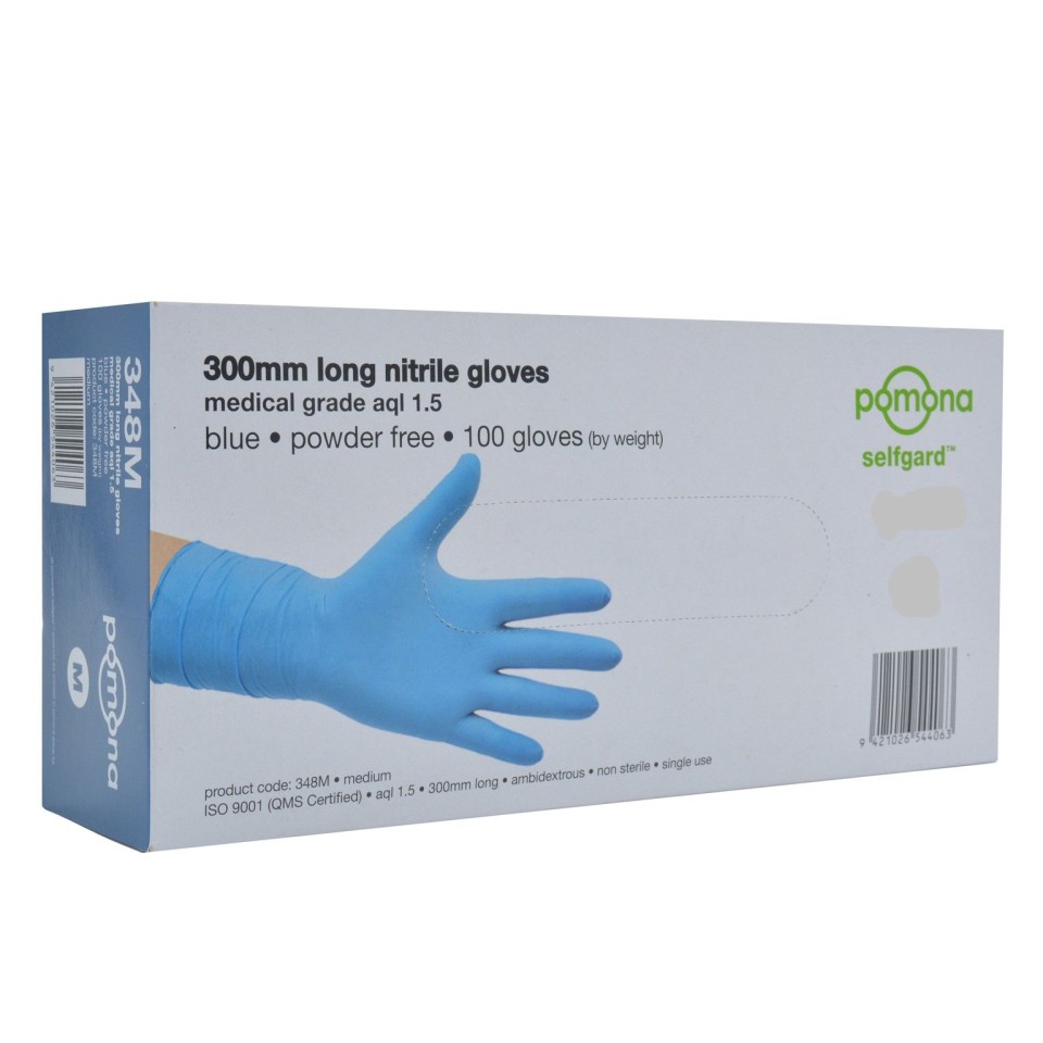 Pomona Gloves Nitrile Long Cuff 300mm Large Blue Box 100