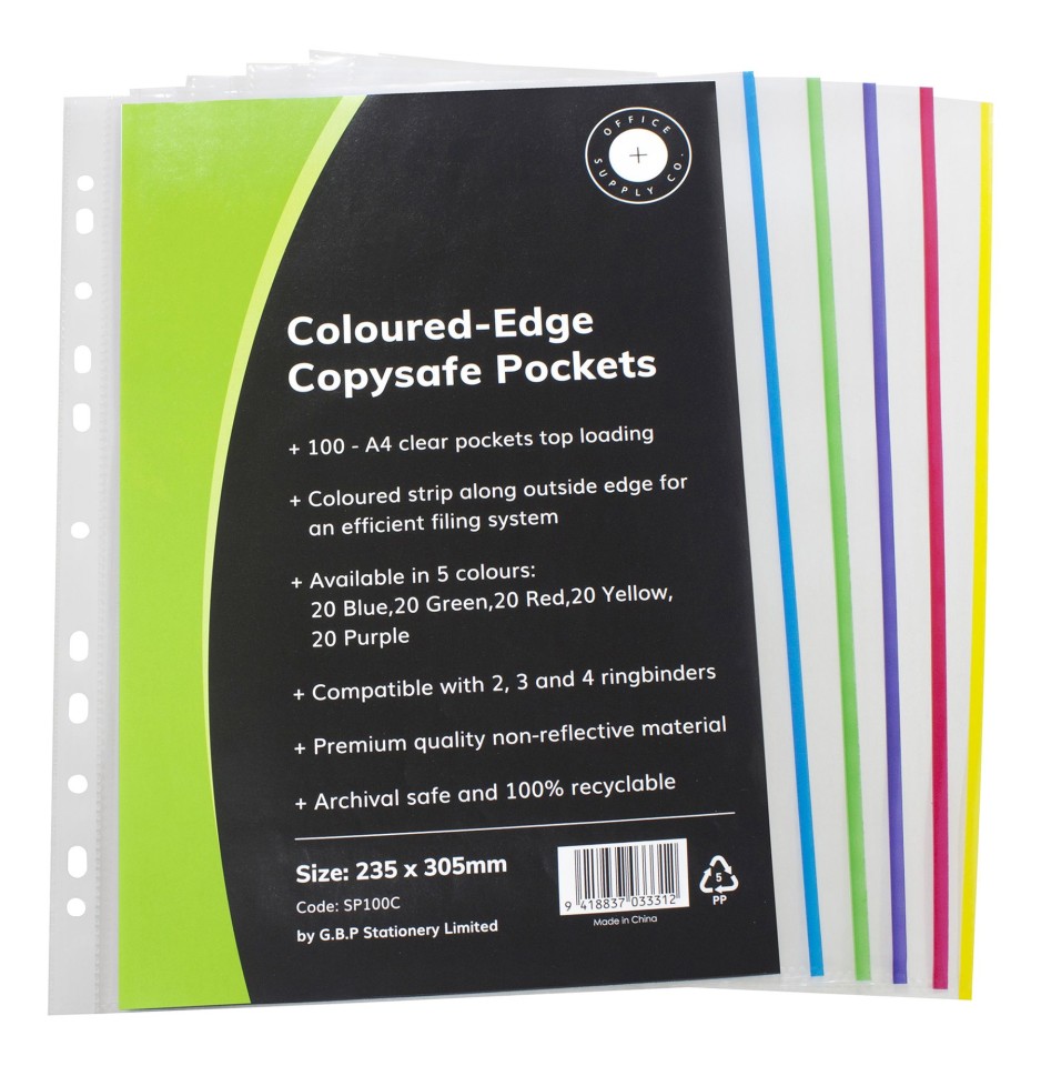 OSC Copysafe Pockets A4 Assorted Colours Pack 100