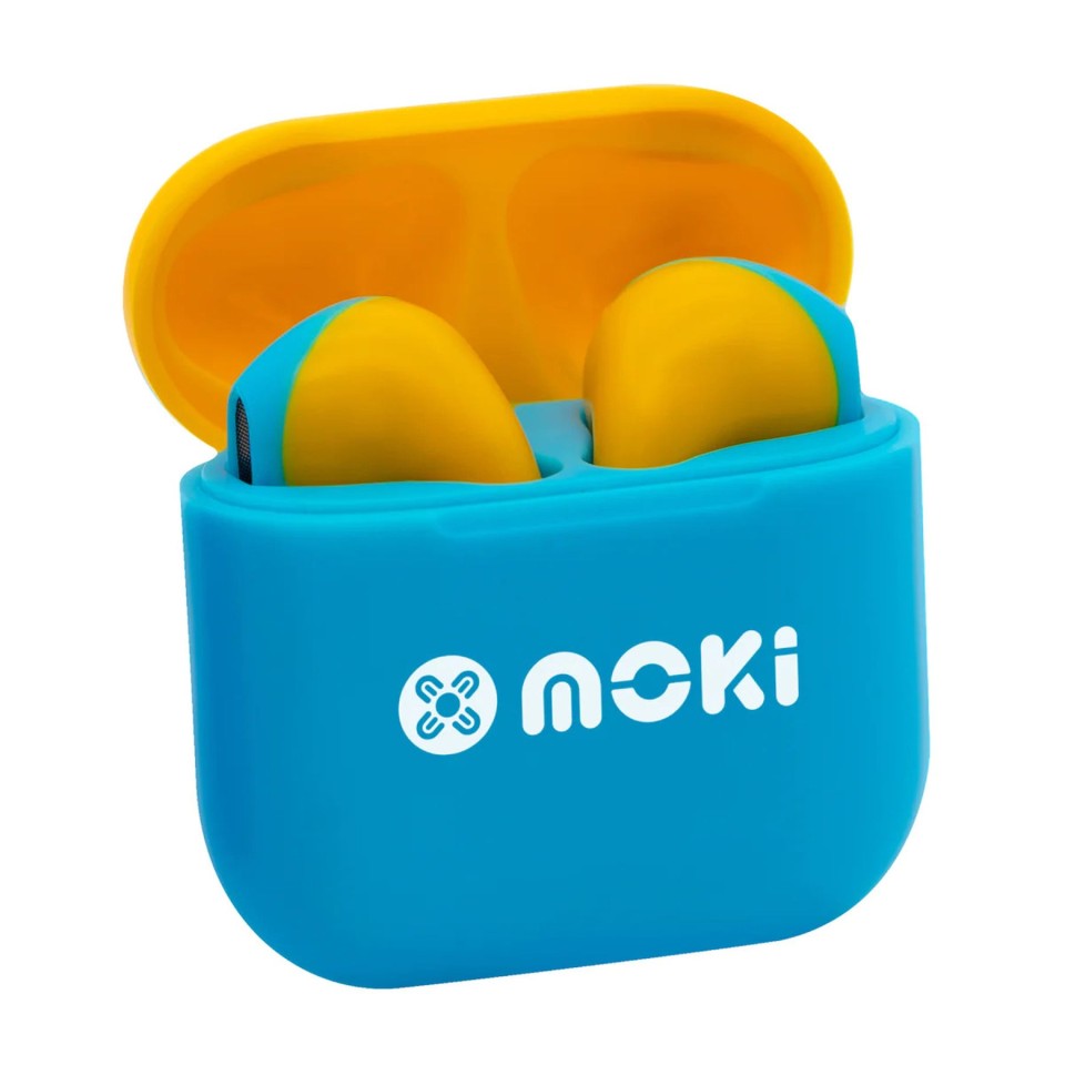 Mokipods Mini Tws Earphones For Kids Volume Limited Blue Yellow