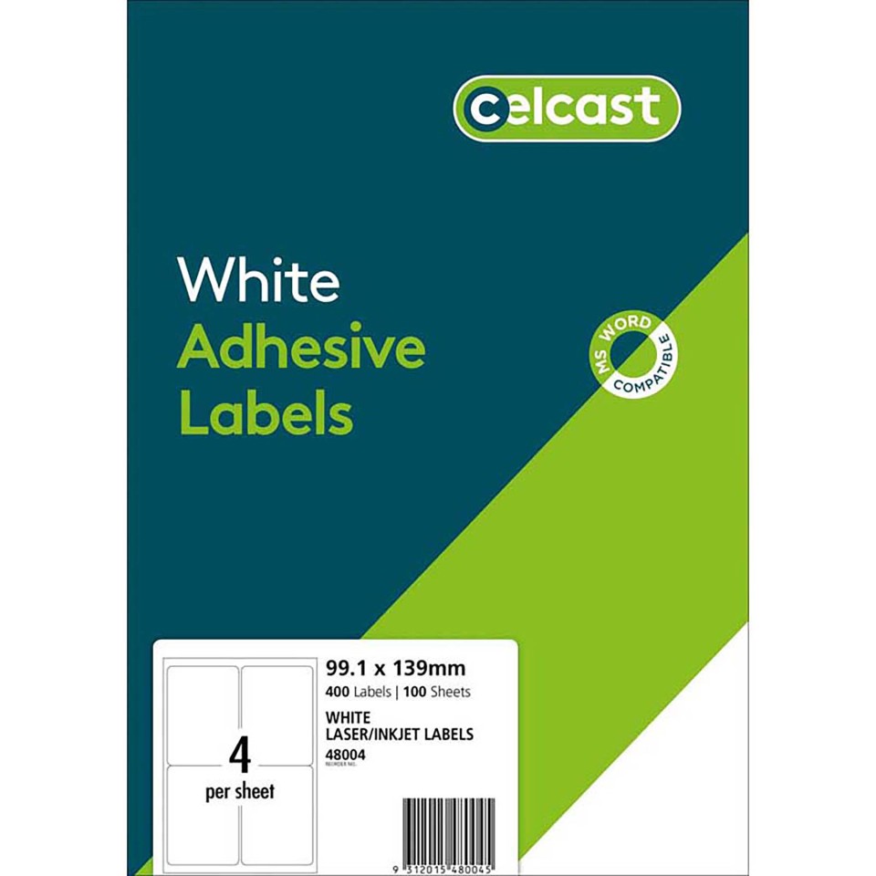 Celcast Labels A4 99.1x139mm FSC Mix Credit 4up 100 Sheets