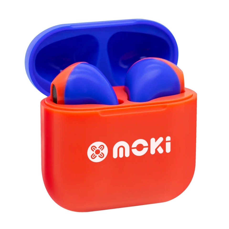 Mokipods Mini Tws Earphones For Kids Volume Limited Red Blue