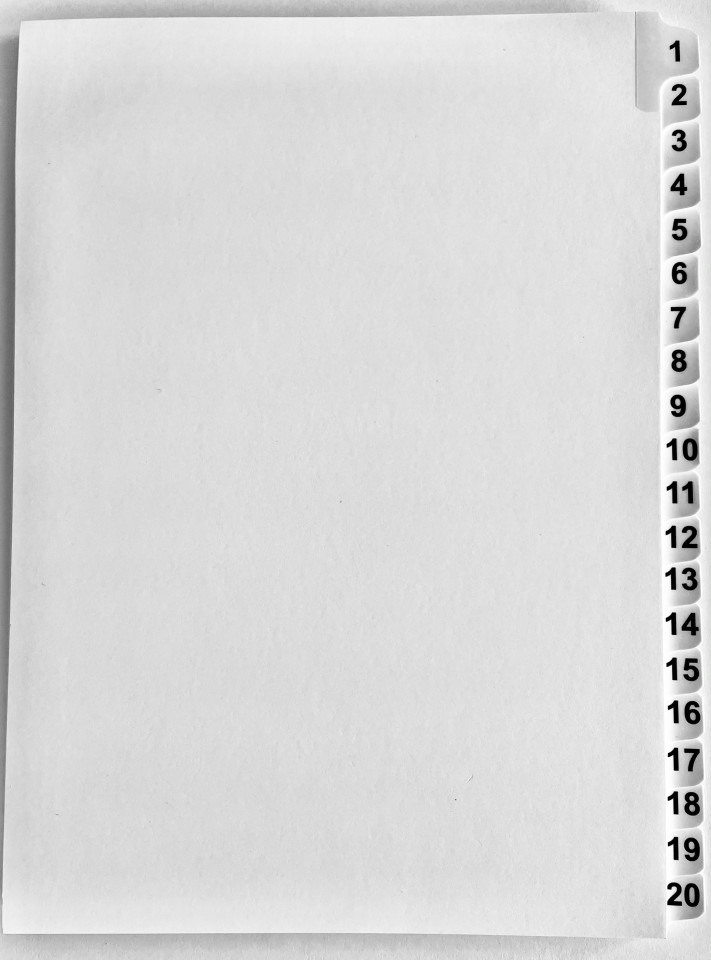 Indices Printed Numbers 1-20 A4 White Set 10