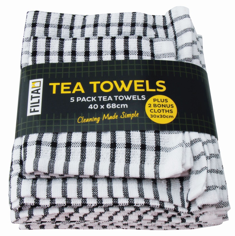Filta Cleaning Products Terry Cotton 5 Pc Tea Towel + 2 Dish Cloth Black