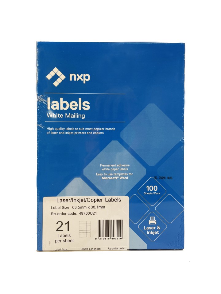 NXP Multi-purpose Labels Laser Inkjet 63.5x38.1mm 21 Per Sheet 2100 Labels