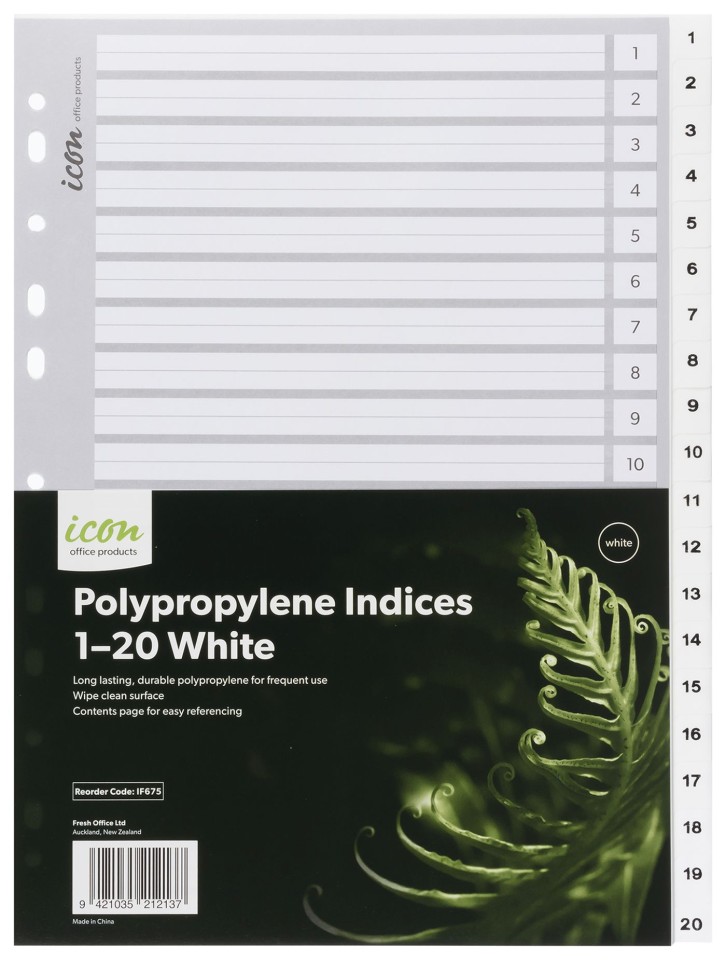 Icon Indices Polypropylene Tabs 1-20 A4 White