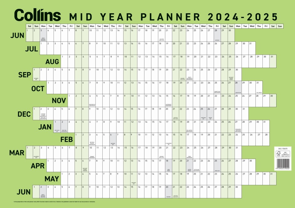 Collins 2024-2025 Wall Planner A2 Laminated Green
