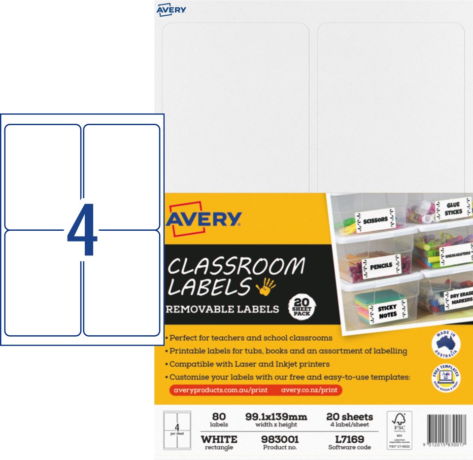 Avery Classroom Labels Laser Inkjet Printers 99.1x139mm 80 Labels 983001/ L7169