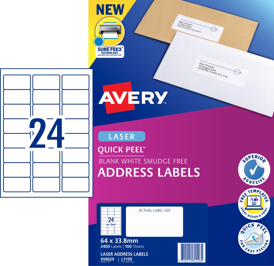 Avery Address Labels Sure Feed Laser Printer 959029/L7159 64x33.8mm 24 Per Sheet Pack 2400 Labels