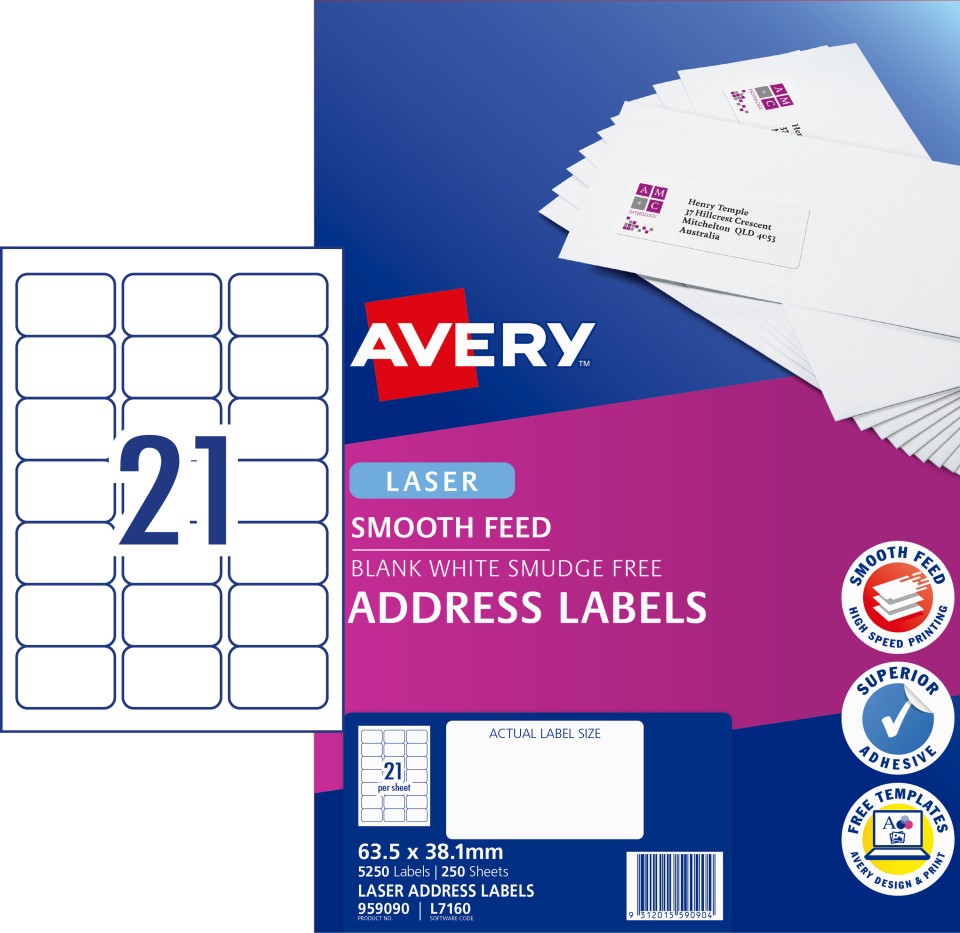 Avery Address Labels Smooth Feed Laser Printers 63.5x38.1mm 21 per Sheet 5250 Labels 959090 / L7160