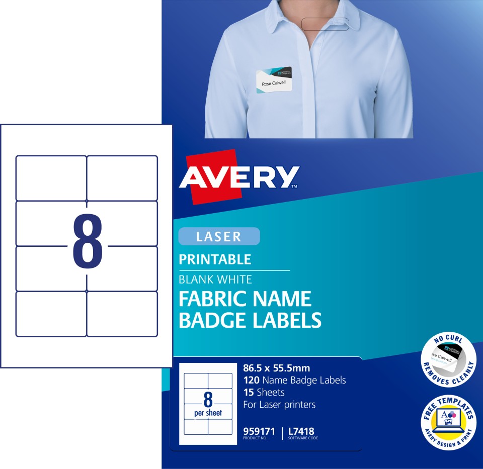 Avery Name Badge Labels Laser Printer Fabric 959171/L7418 86.5x55.5mm White Pack 120 Labels