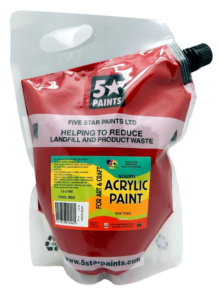 5 Star NZACRYL Acrylic Paint 1.5 Litre Pouch Cool Red