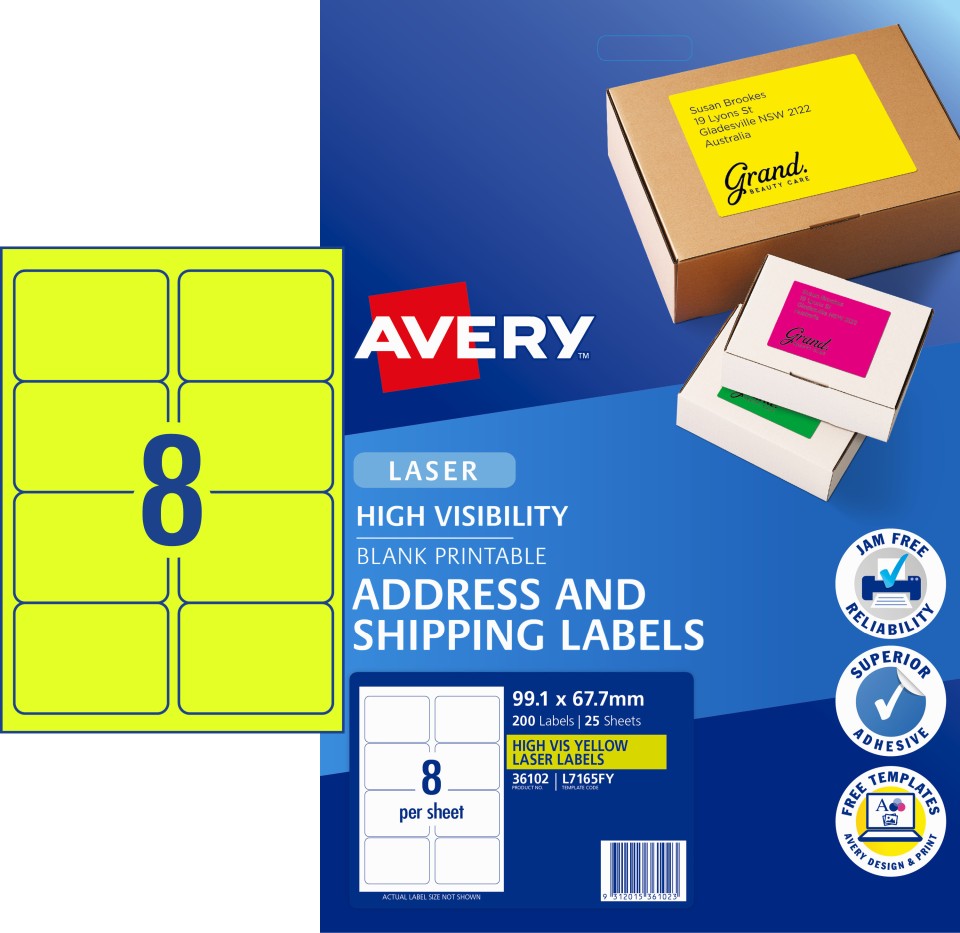 Avery Shipping Labels Fluoro Yellow High Vis Laser Printers 99.1x67.7mm 200 Labels 36102 / L7165FY