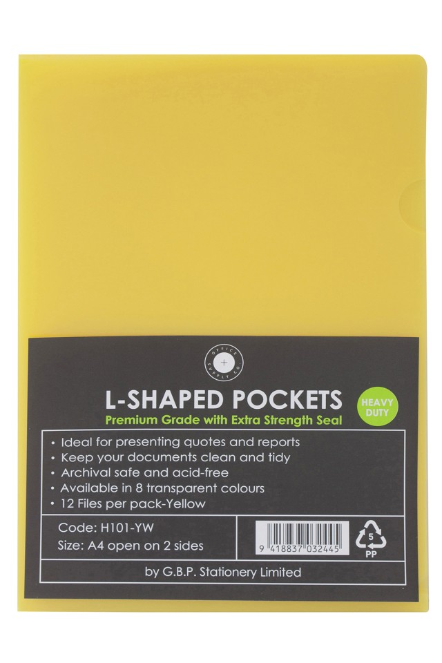 Esselte L Shaped Pockets Heavy Duty A4 170 Micron Yellow Pack 12