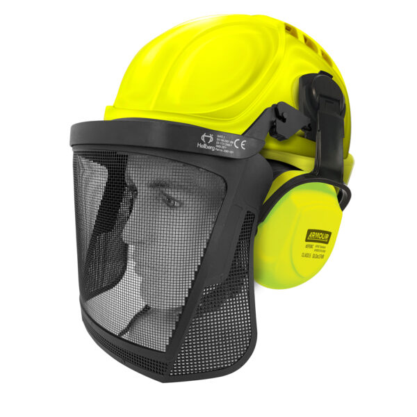 Armour Safety Helmet Epemc Earmuff Hellberg Carrier & Mesh Visor Kit Fluoro Yellow