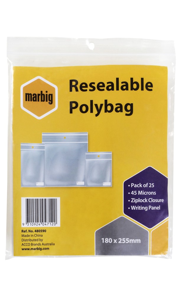 Marbig Resealable Polybag Writing Panel Ziplock Closure 180x255mm 45 Microns Pack 25