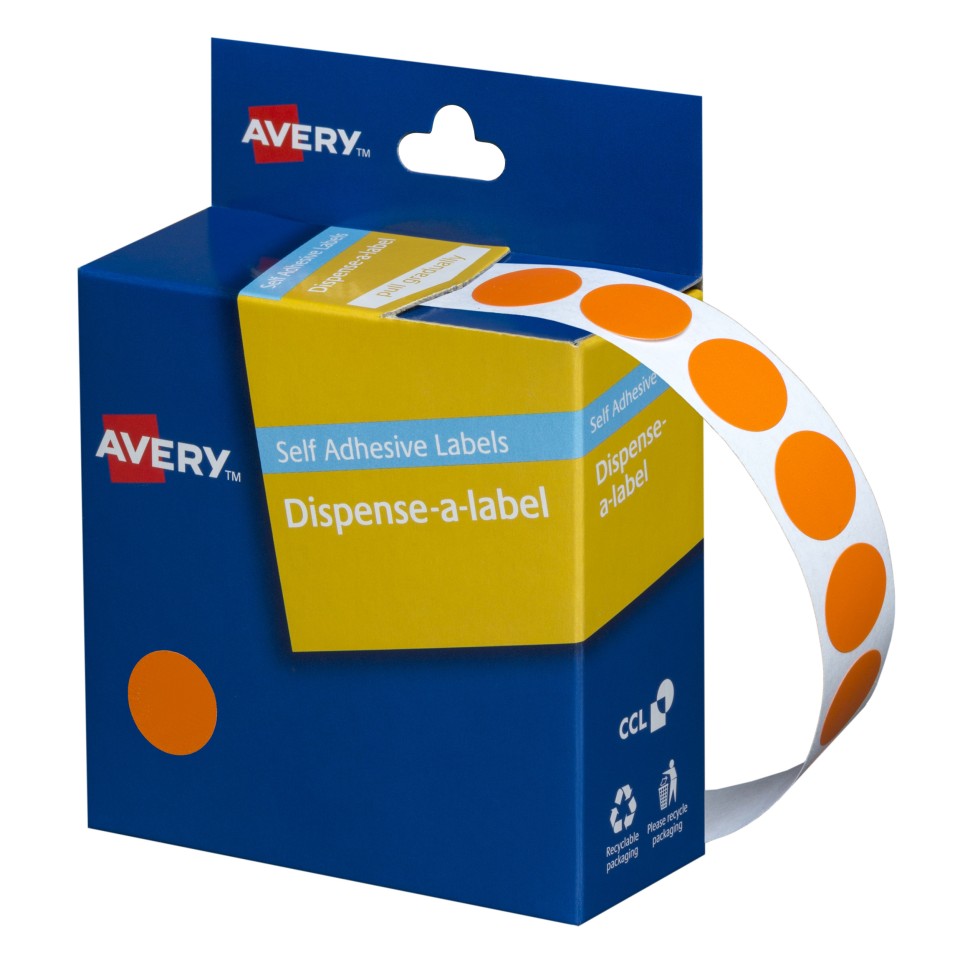 Avery Dot Stickers Dispenser 937240 14mm Diameter Orange Pack 1050