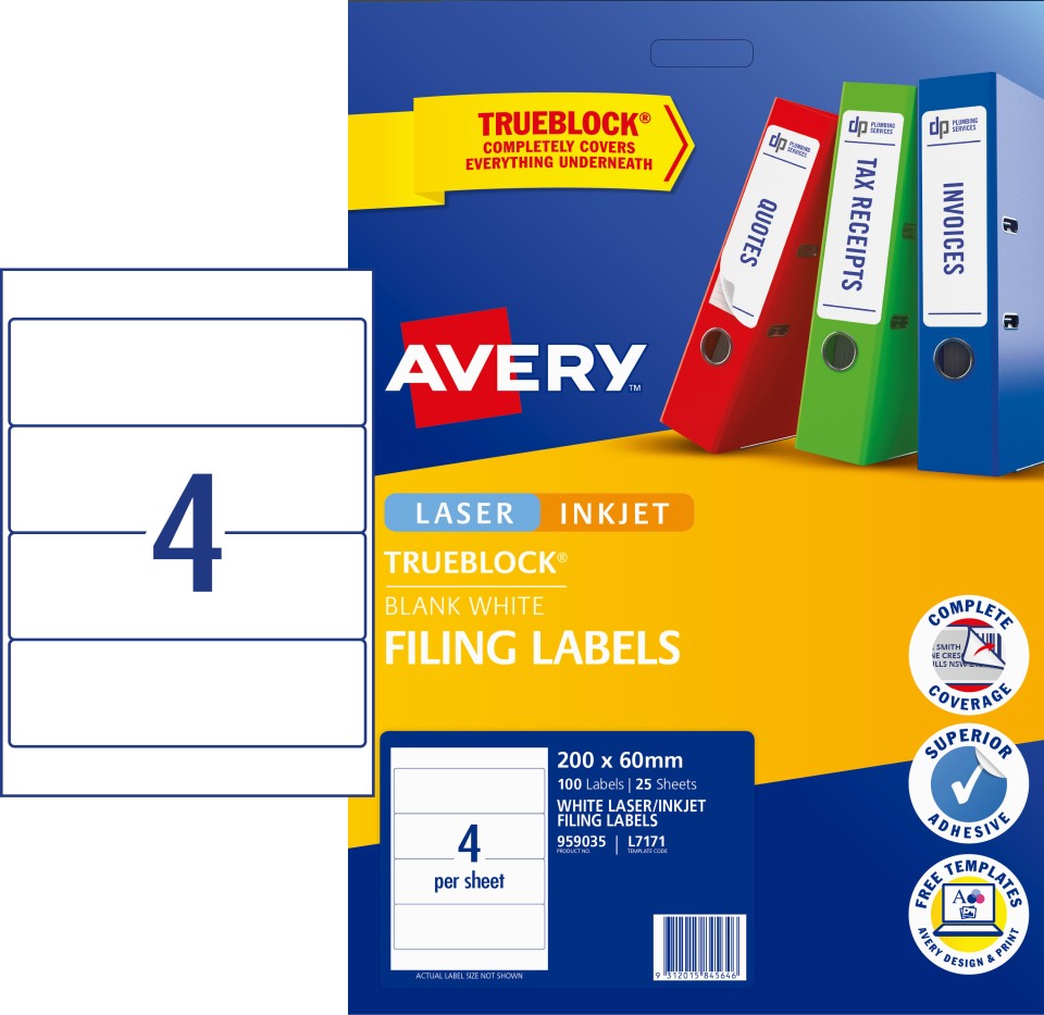 Avery Filing Labels Laser Inkjet Printer 959035/L7171 200x60mm 4 Per Sheet White Pack 100 Labels