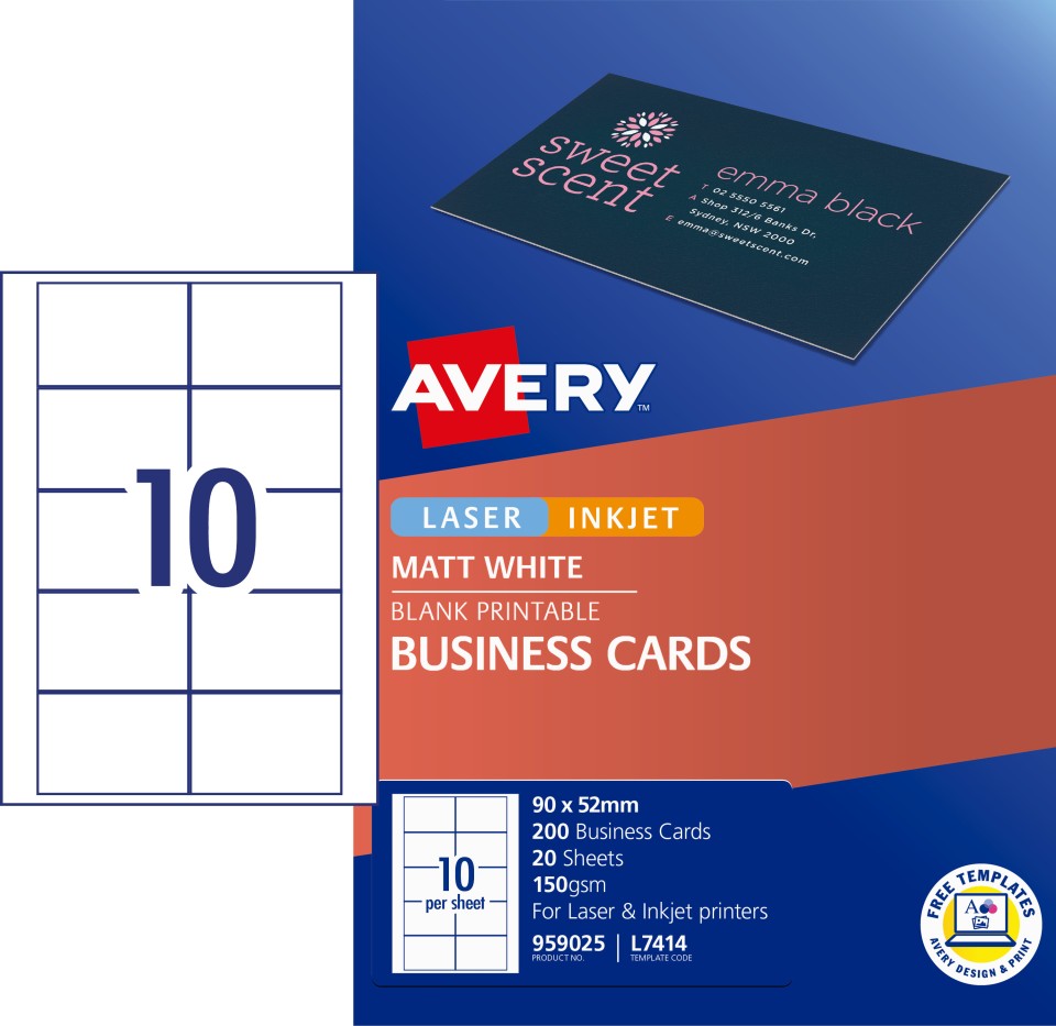 Avery Business Cards Laser Inkjet Printer 959025/L7414 90x52mm 150 g/m2 Matt White Pack 200