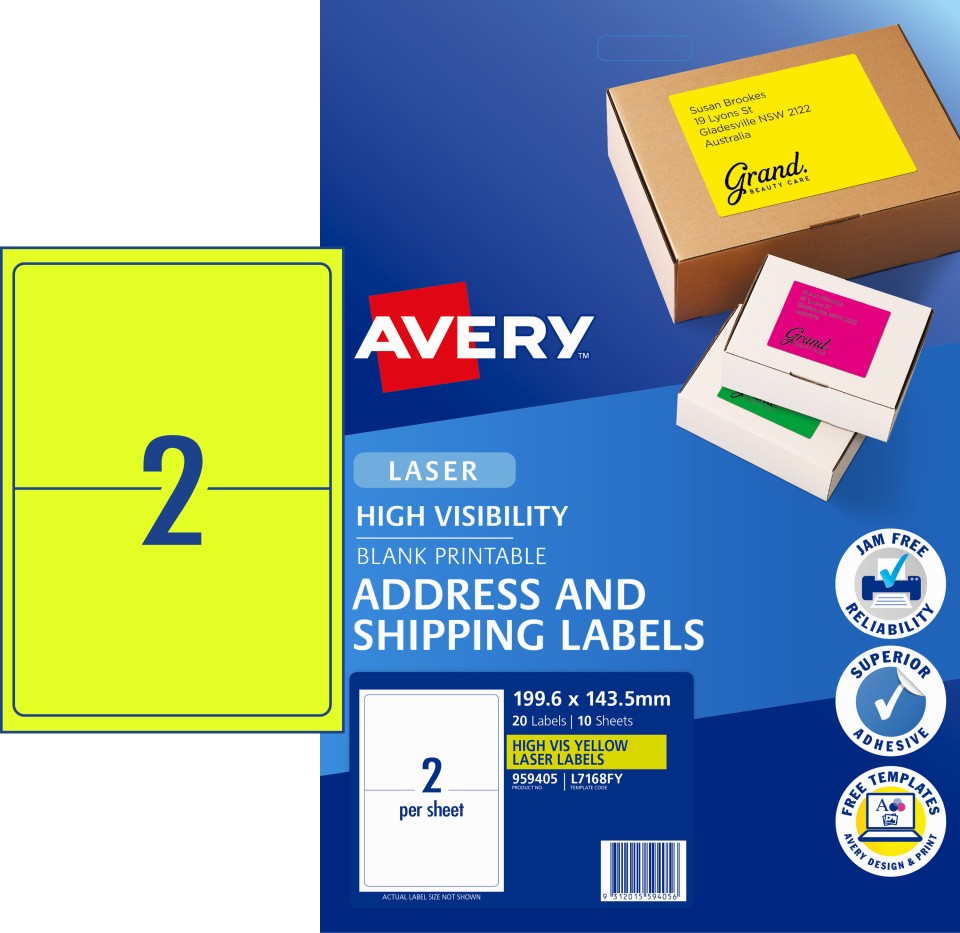 Avery Shipping Labels Laser Printer HighVis 959405/L7168FY 199.6x143.5mm Fluoro Yellow Pack20 Labels
