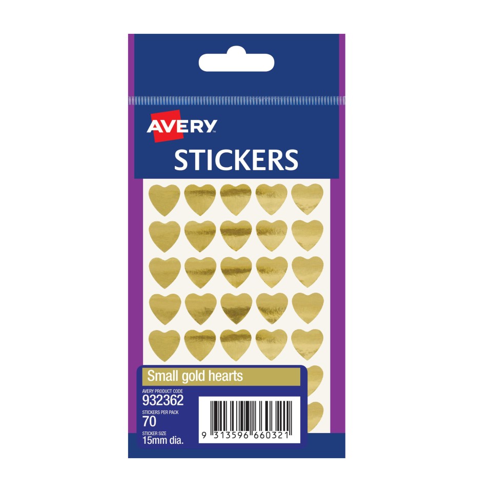 Avery Gold Heart Stickers 932362 15mm Diameter Permanent Pack 70 Labels