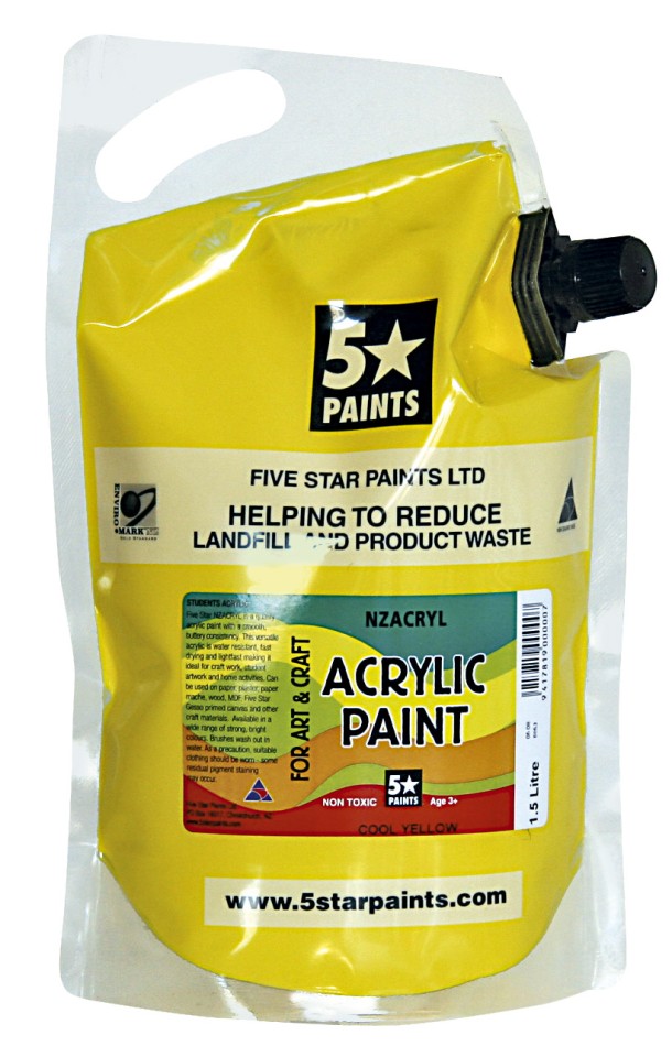 5 Star NZACRYL Acrylic Paint 1.5 Litre Pouch Cool Yellow