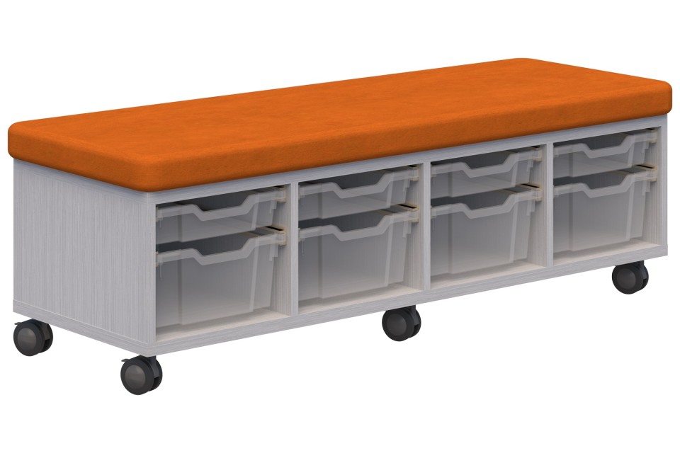Ako Sit & Store. 470h X 1380l X 450d. Silver Strata Carcass With Ashcroft Orange Upholstery.