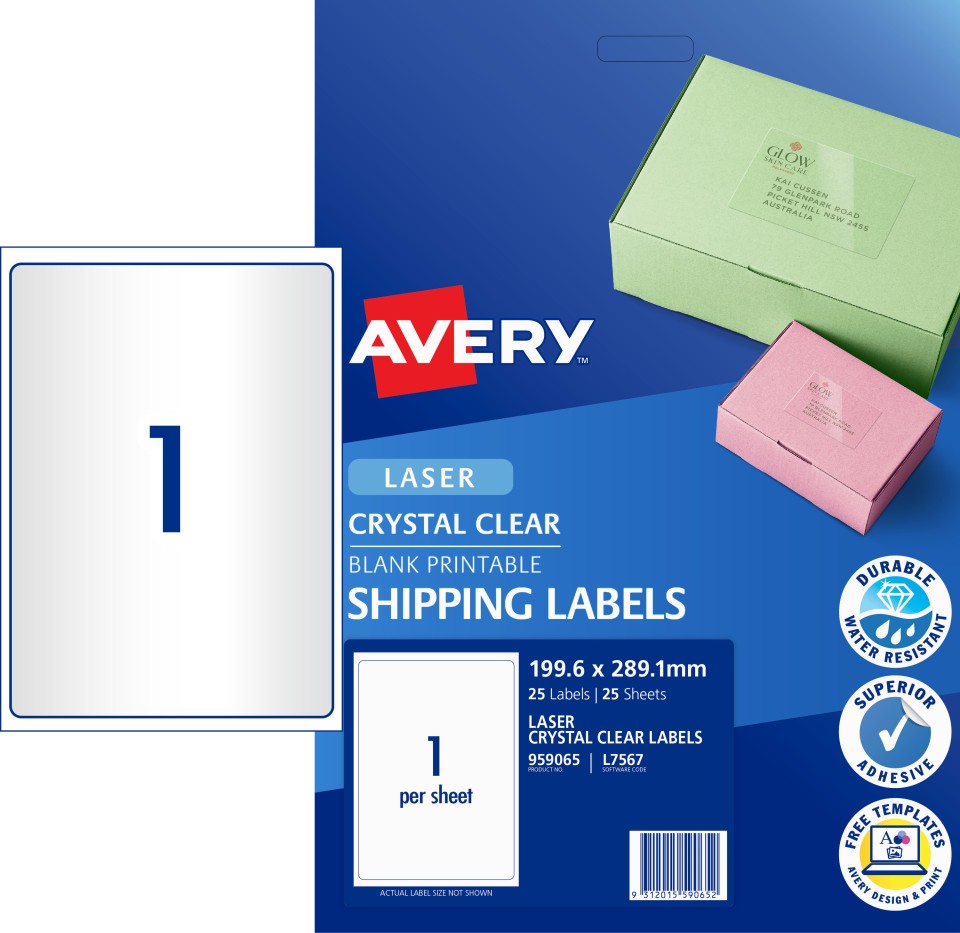Avery Crystal Clear Shipping Labels for Laser Printers, 199.6 x 289.1 mm, 25 Labels (959065 / L7567)