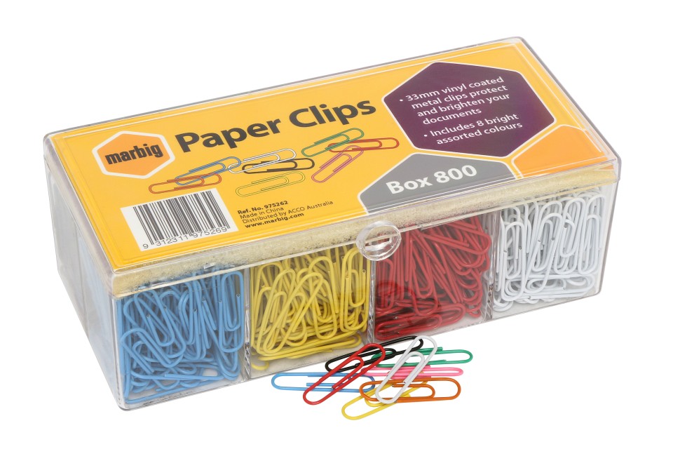 Marbig Paper Clips Round 33mm Assorted Colours Box 800
