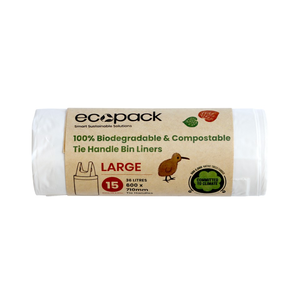 Eco Pack ED-2036 Compostable Tie Handle Bin Liner 15 Liners per roll 36L 600x710mm White Carton 20