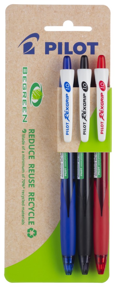 Pilot BeGreen Rexgrip Ballpoint Pen Retractable 1.0mm Assorted Colours Pack 3